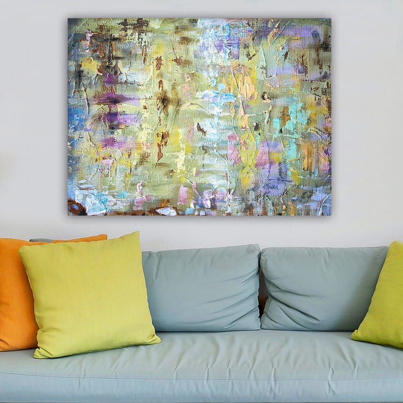 Lerretsbilde 70x100 cm - Abstrakt komposisjon med myke fargeoverganger og teksturer som skaper en drømmeaktig atmosfære - Lys grønn / Lilla / Beige - Innredning - Bilder & kunst - Lerretsbilder