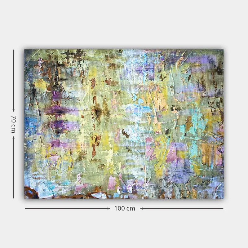 Lerretsbilde 70x100 cm - Abstrakt komposisjon med myke fargeoverganger og teksturer som skaper en drømmeaktig atmosfære - Lys grønn / Lilla / Beige - Innredning - Bilder & kunst - Lerretsbilder