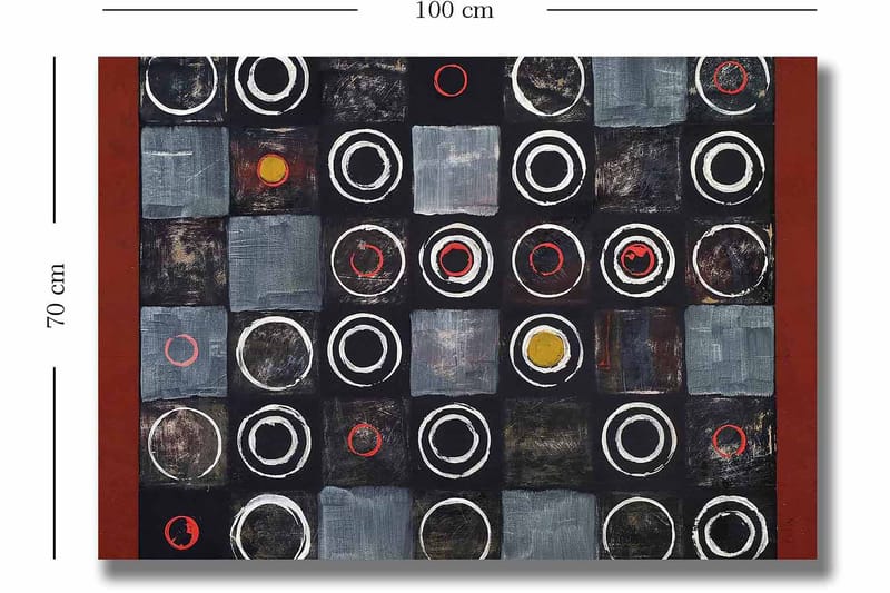 Lerretsbilde 70x100 cm - Abstrakt komposisjon med sirkler og firkanter i kontrastfarger - Svart / Grå / Rød - Innredning - Bilder & kunst - Lerretsbilder