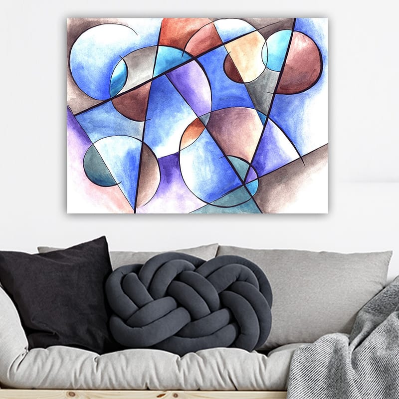 Lerretsbilde 70x100 cm - Abstrakt komposisjon med sirkler og geometriske former i harmoniske farger - Blå / Brun / Terrakotta - Innredning - Bilder & kunst - Lerretsbilder