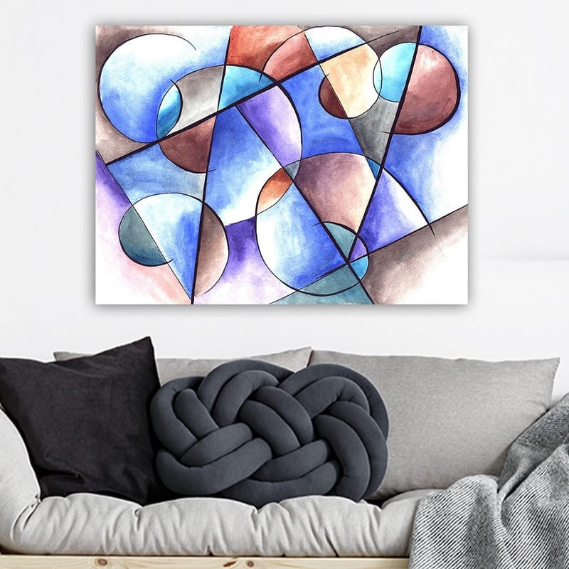Lerretsbilde 70x100 cm - Abstrakt komposisjon med sirkler og geometriske former i harmoniske farger - Blå / Brun / Terrakotta - Innredning - Bilder & kunst - Lerretsbilder