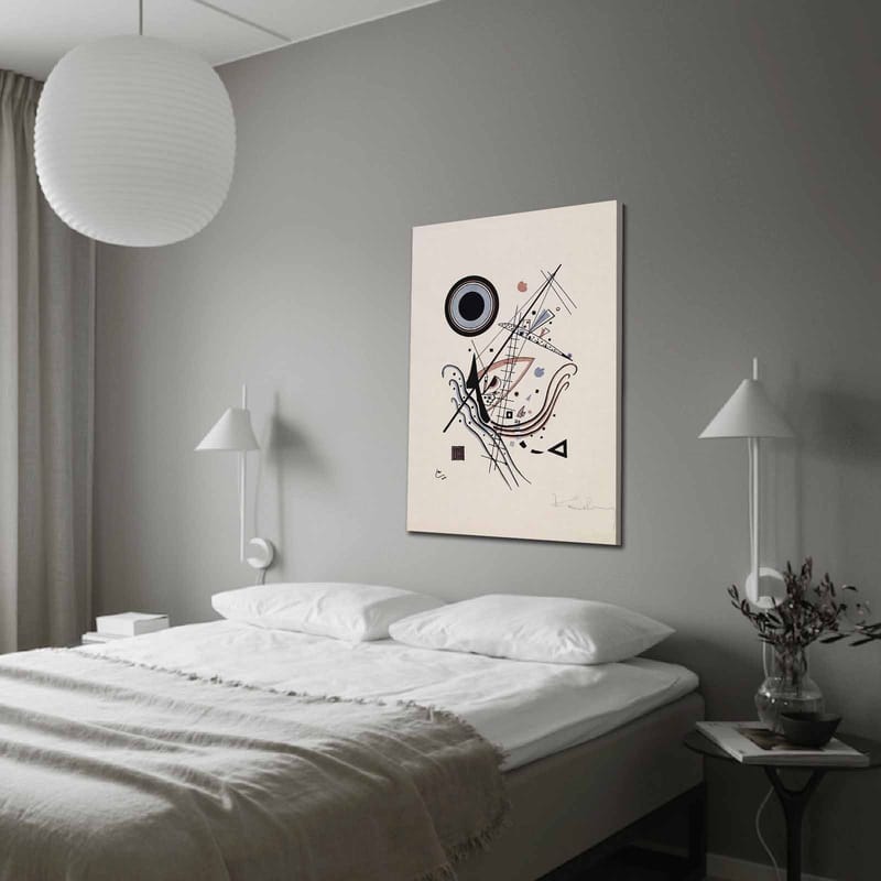 Lerretsbilde 70x100 cm - Abstrakt komposisjon med sirkler og linjer i harmonisk balanse, Svart / Rød / Blå