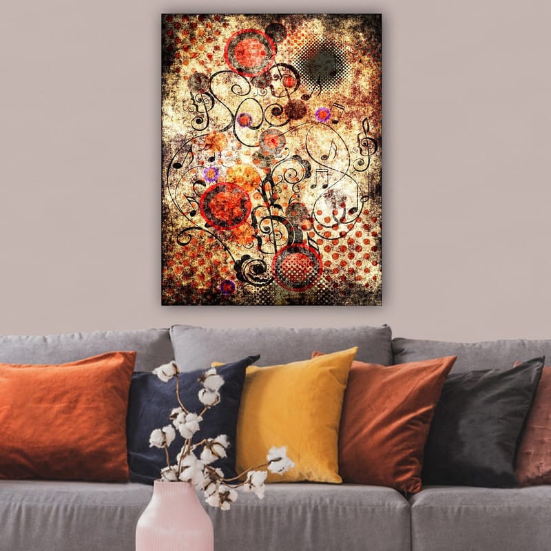 Lerretsbilde 70x100 cm - Abstrakt komposisjon med sirkler og svarte linjer i en dynamisk og leken stil, Rød / Svart / Beige