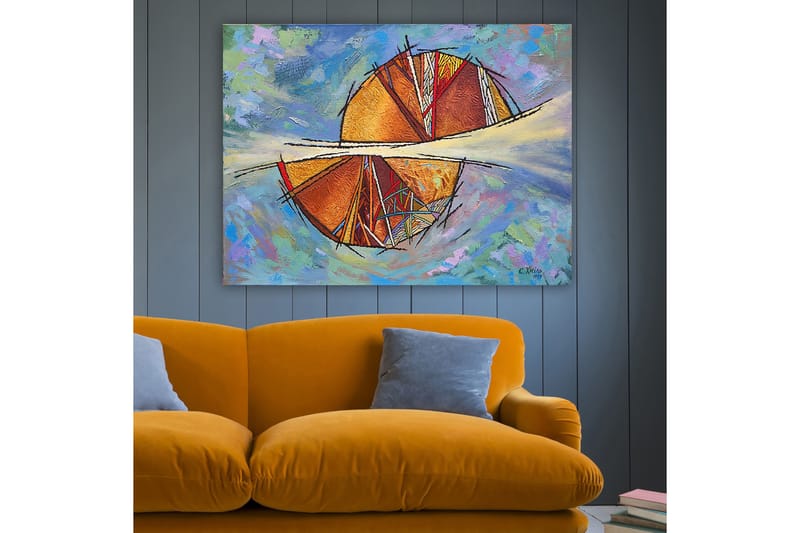 Lerretsbilde 70x100 cm - Abstrakt komposisjon med sirkulære former og geometriske mønstre i varme farger - Gull / Rød / Oransje - Innredning - Bilder & kunst - Lerretsbilder