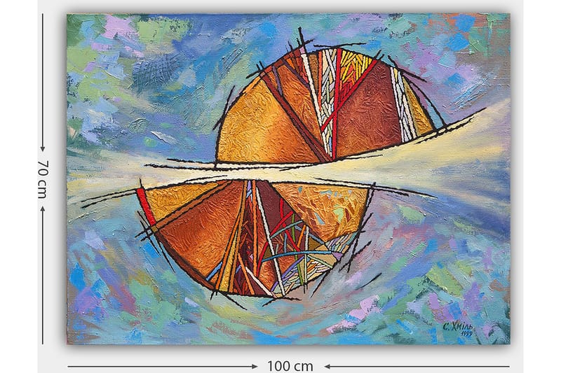 Lerretsbilde 70x100 cm - Abstrakt komposisjon med sirkulære former og geometriske mønstre i varme farger - Gull / Rød / Oransje - Innredning - Bilder & kunst - Lerretsbilder