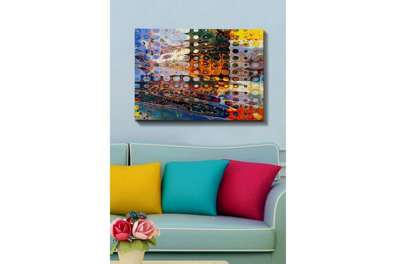 Lerretsbilde 70x100 cm - Abstrakt komposisjon med sirkulære mønstre i forskjellige farger som skaper en dynamisk følelse - Blå / Oransje / Gul - Innredning - Bilder & kunst - Lerretsbilder
