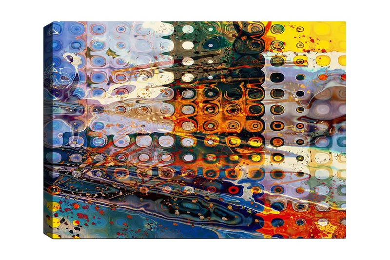 Lerretsbilde 70x100 cm - Abstrakt komposisjon med sirkulære mønstre i forskjellige farger som skaper en dynamisk følelse, Blå / Oransje / Gul