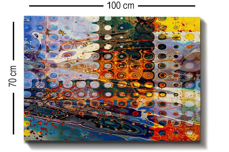 Lerretsbilde 70x100 cm - Abstrakt komposisjon med sirkulære mønstre i forskjellige farger som skaper en dynamisk følelse - Blå / Oransje / Gul - Innredning - Bilder & kunst - Lerretsbilder