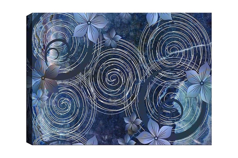 Lerretsbilde 70x100 cm - Abstrakt komposisjon med spiraler og blomster i et harmonisk arrangement - Mørk blå / Lys blå / Hvit - Innredning - Bilder & kunst - Lerretsbilder