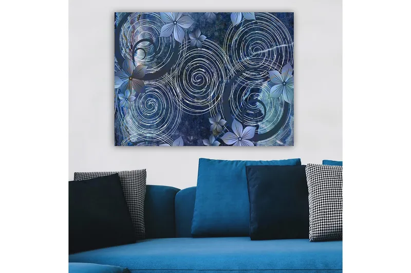 Lerretsbilde 70x100 cm - Abstrakt komposisjon med spiraler og blomster i et harmonisk arrangement - Mørk blå / Lys blå / Hvit - Innredning - Bilder & kunst - Lerretsbilder