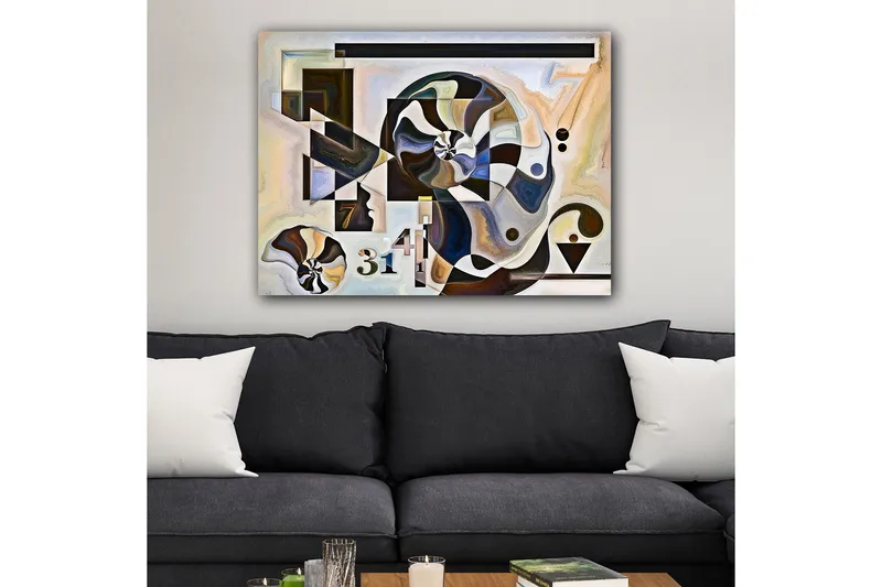 Lerretsbilde 70x100 cm - Abstrakt komposisjon med spiralformer og geometriske figurer, Mørk brun / Svart / Beige