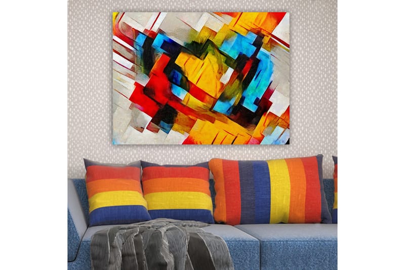 Lerretsbilde 70x100 cm - Abstrakt komposisjon med sterke farger og dynamiske former - Rød / Blå / Gul - Innredning - Bilder & kunst - Lerretsbilder