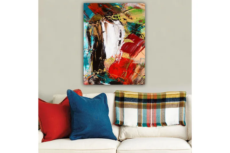 Lerretsbilde 70x100 cm - Abstrakt komposisjon med sterke farger og dynamiske former - Rød / Svart / Grønn - Innredning - Bilder & kunst - Lerretsbilder