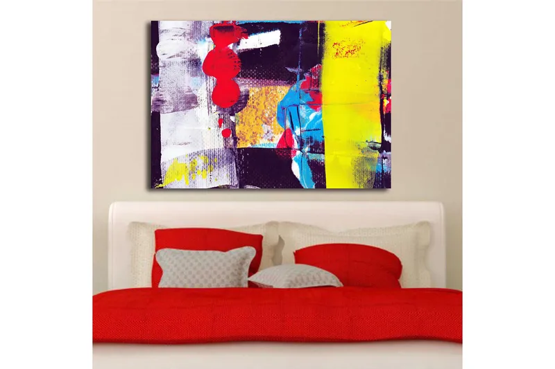 Lerretsbilde 70x100 cm - Abstrakt komposisjon med sterke farger og geometriske former - Rød / Gul / Blå - Innredning - Bilder & kunst - Lerretsbilder
