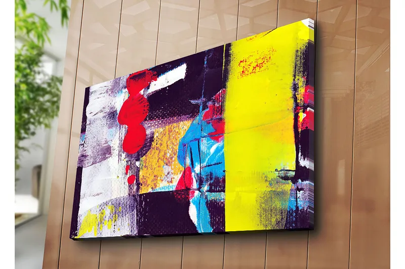 Lerretsbilde 70x100 cm - Abstrakt komposisjon med sterke farger og geometriske former - Rød / Gul / Blå - Innredning - Bilder & kunst - Lerretsbilder