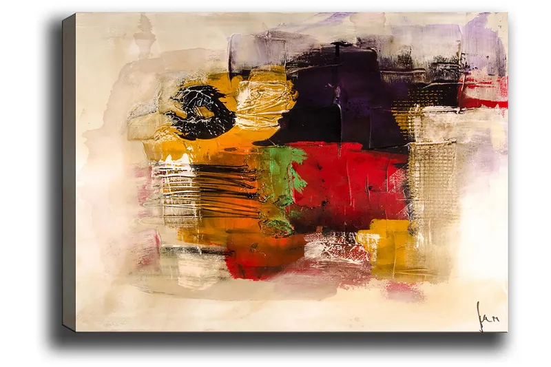 Lerretsbilde 70x100 cm - Abstrakt komposisjon med sterke farger og teksturer - Gul / Rød / Lilla - Innredning - Bilder & kunst - Lerretsbilder