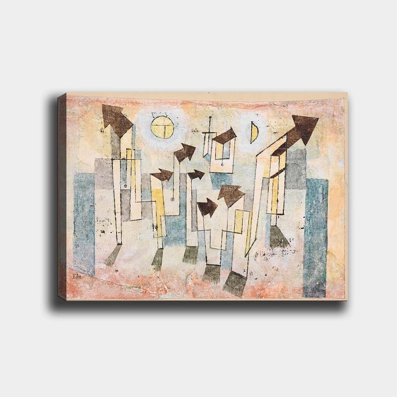 Lerretsbilde 70x100 cm - Abstrakt komposisjon med stiliserte hus og piler som peker oppover, Beige / Grønn / Blå