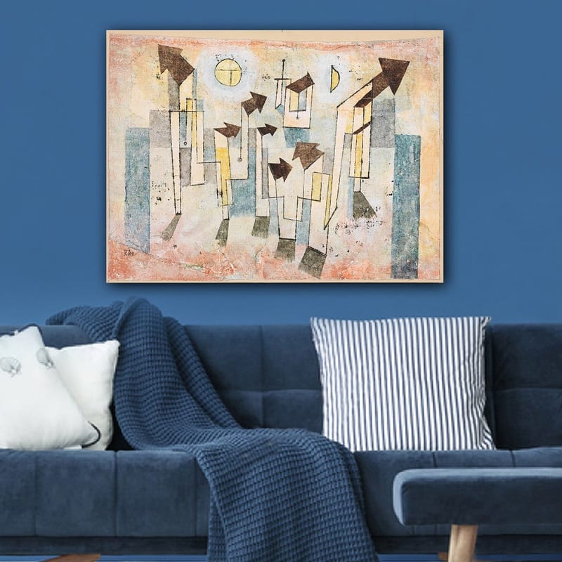 Lerretsbilde 70x100 cm - Abstrakt komposisjon med stiliserte hus og piler som peker oppover - Beige / Grønn / Blå - Innredning - Bilder & kunst - Lerretsbilder