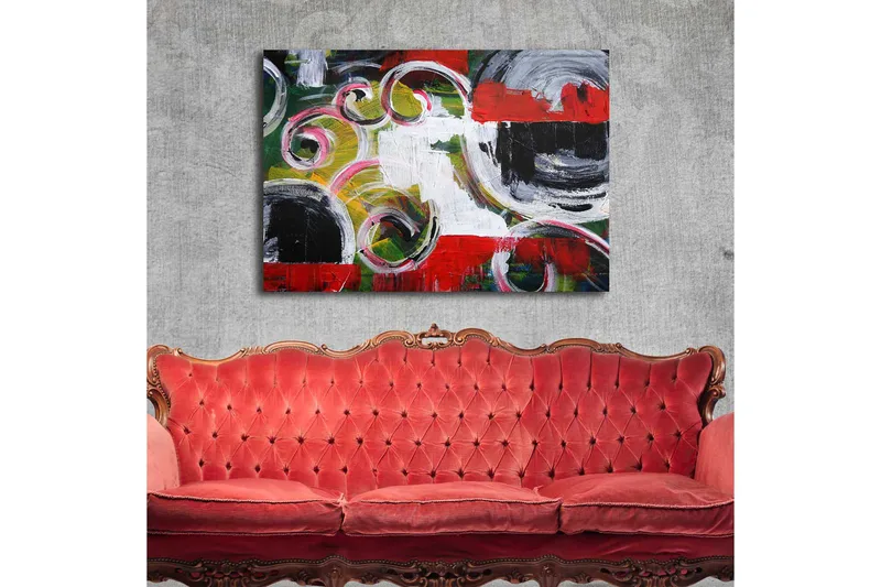 Lerretsbilde 70x100 cm - Abstrakt komposisjon med svarte sirkler og spiralformer i kontrastfarger - Rød / Svart / Hvit - Innredning - Bilder & kunst - Lerretsbilder