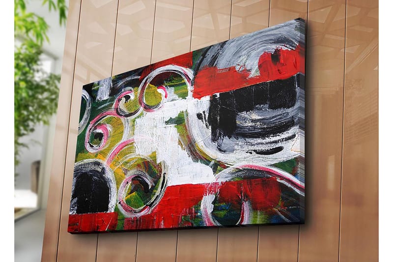 Lerretsbilde 70x100 cm - Abstrakt komposisjon med svarte sirkler og spiralformer i kontrastfarger - Rød / Svart / Hvit - Innredning - Bilder & kunst - Lerretsbilder