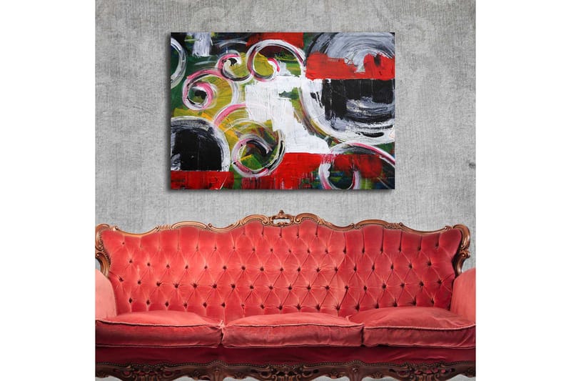 Lerretsbilde 70x100 cm - Abstrakt komposisjon med svarte sirkler og spiralformer i kontrastfarger - Rød / Svart / Hvit - Innredning - Bilder & kunst - Lerretsbilder
