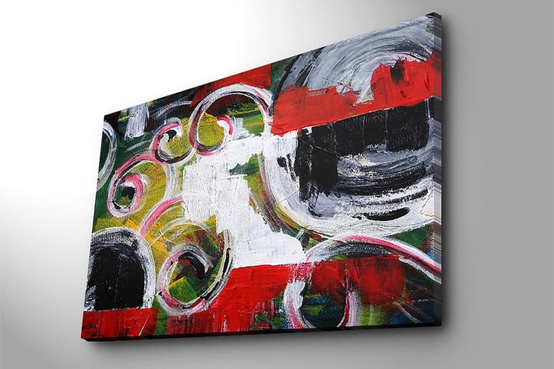 Lerretsbilde 70x100 cm - Abstrakt komposisjon med svarte sirkler og spiralformer i kontrastfarger - Rød / Svart / Hvit - Innredning - Bilder & kunst - Lerretsbilder