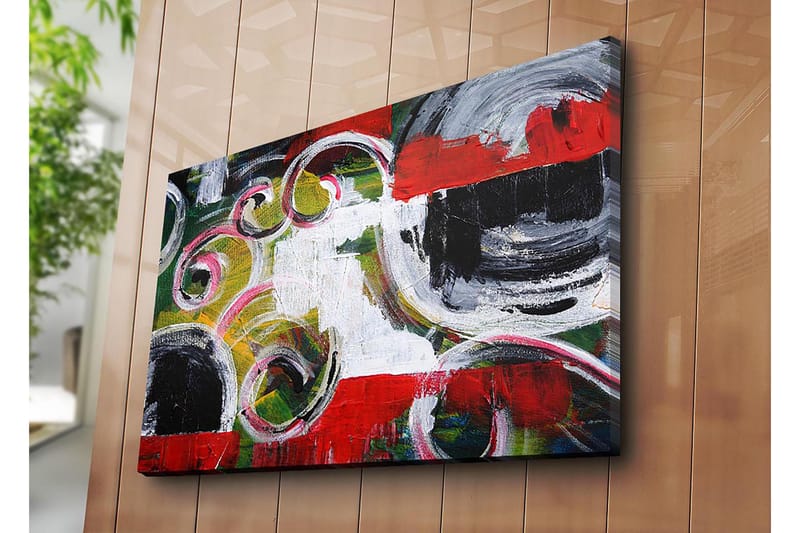 Lerretsbilde 70x100 cm - Abstrakt komposisjon med svarte sirkler og spiralformer i kontrastfarger - Rød / Svart / Hvit - Innredning - Bilder & kunst - Lerretsbilder