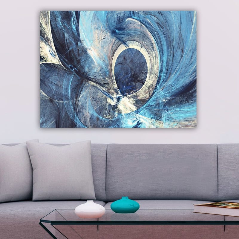 Lerretsbilde 70x100 cm - Abstrakt komposisjon med svingende former i blå nyanser - Mørk blå / Lys blå / Hvit - Innredning - Bilder & kunst - Lerretsbilder