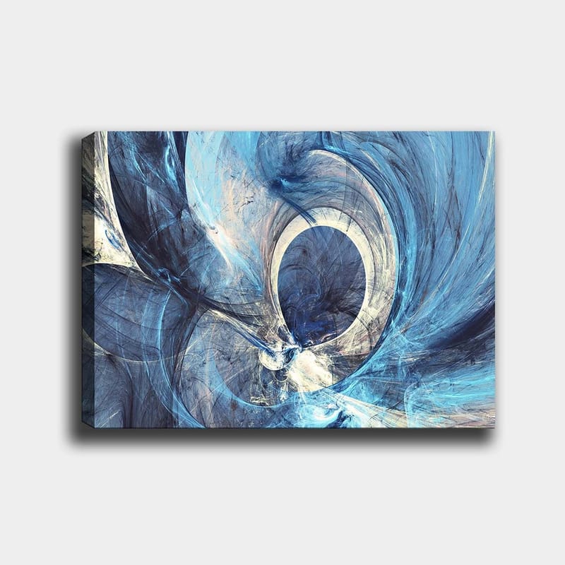 Lerretsbilde 70x100 cm - Abstrakt komposisjon med svingende former i blå nyanser, Mørk blå / Lys blå / Hvit