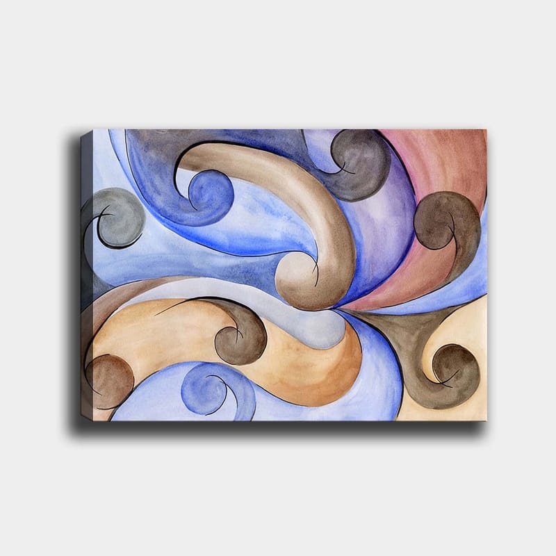 Lerretsbilde 70x100 cm - Abstrakt komposisjon med svingende former i harmoniske farger - Blå / Beige / Brun - Innredning - Bilder & kunst - Lerretsbilder