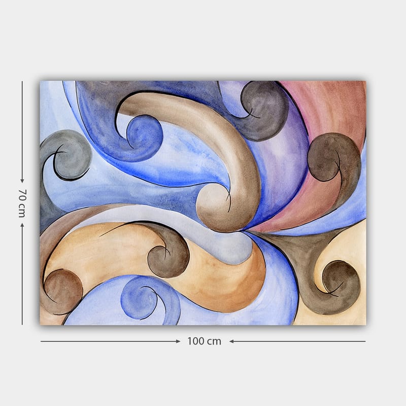 Lerretsbilde 70x100 cm - Abstrakt komposisjon med svingende former i harmoniske farger - Blå / Beige / Brun - Innredning - Bilder & kunst - Lerretsbilder