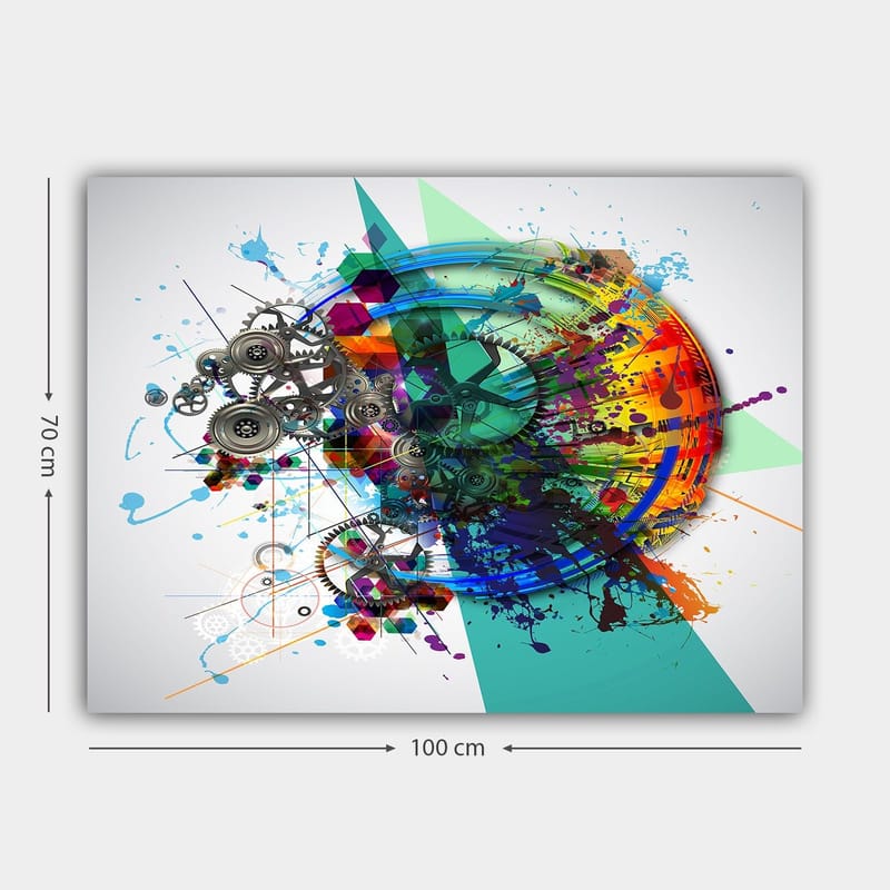 Lerretsbilde 70x100 cm - Abstrakt komposisjon med tannhjul og fargerike sprayer som symboliserer bevegelse og teknologi - Turkis / Rød / Lilla - Innredning - Bilder & kunst - Lerretsbilder