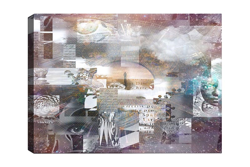 Lerretsbilde 70x100 cm - Abstrakt komposisjon med tekstelementer og ulike former som skaper en følelse av dybde og mystikk, Lilla / Grå / Hvit