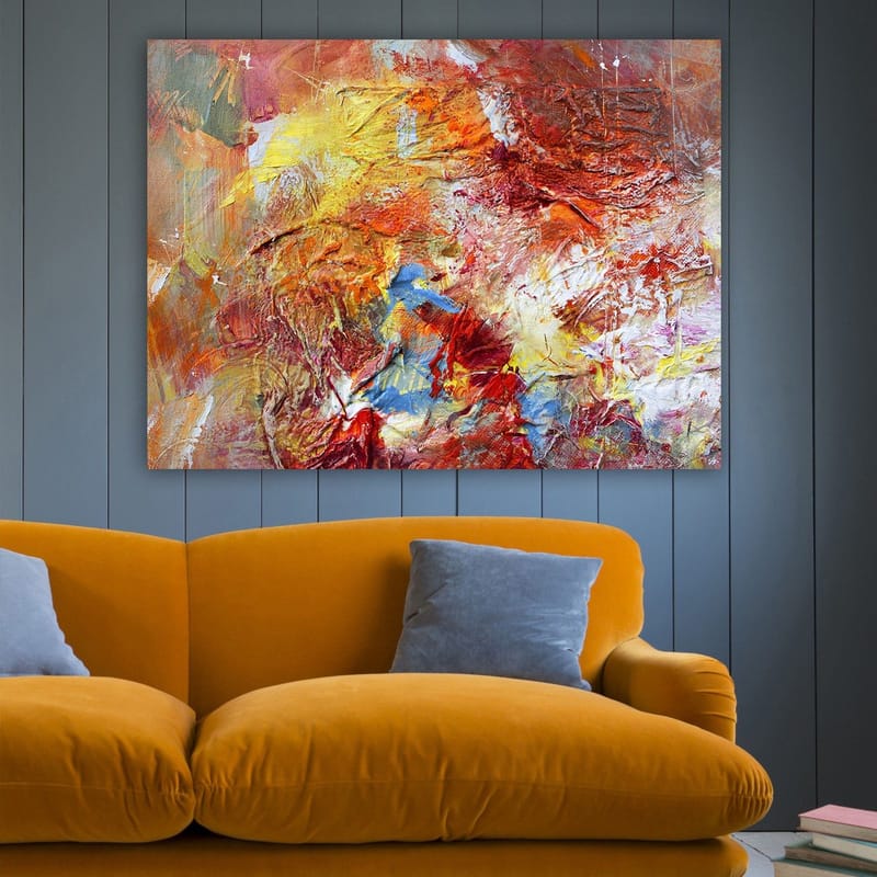 Lerretsbilde 70x100 cm - Abstrakt komposisjon med varme farger som skaper en følelse av bevegelse og energi - Rød / Oransje / Gul - Innredning - Bilder & kunst - Lerretsbilder