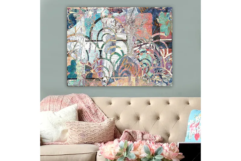 Lerretsbilde 70x100 cm - Abstrakt komposisjon med plantemotiver og teksturer som skaper en følelse av dybde og bevegelse - Turkis / Rød / Grønn - Innredning - Bilder & kunst - Lerretsbilder