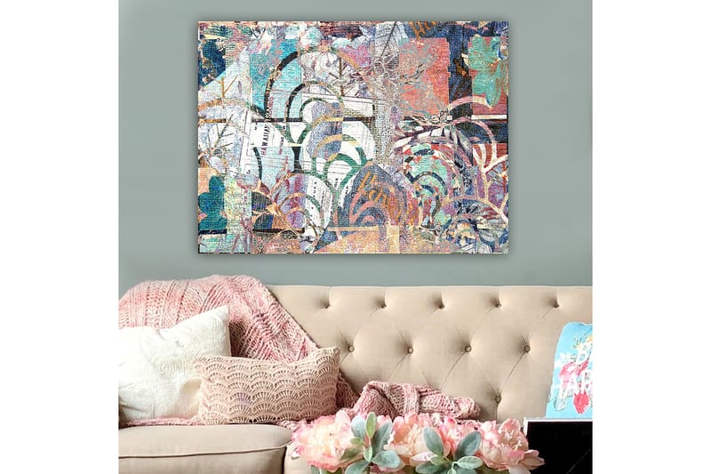 Lerretsbilde 70x100 cm - Abstrakt komposisjon med plantemotiver og teksturer som skaper en følelse av dybde og bevegelse - Turkis / Rød / Grønn - Innredning - Bilder & kunst - Lerretsbilder