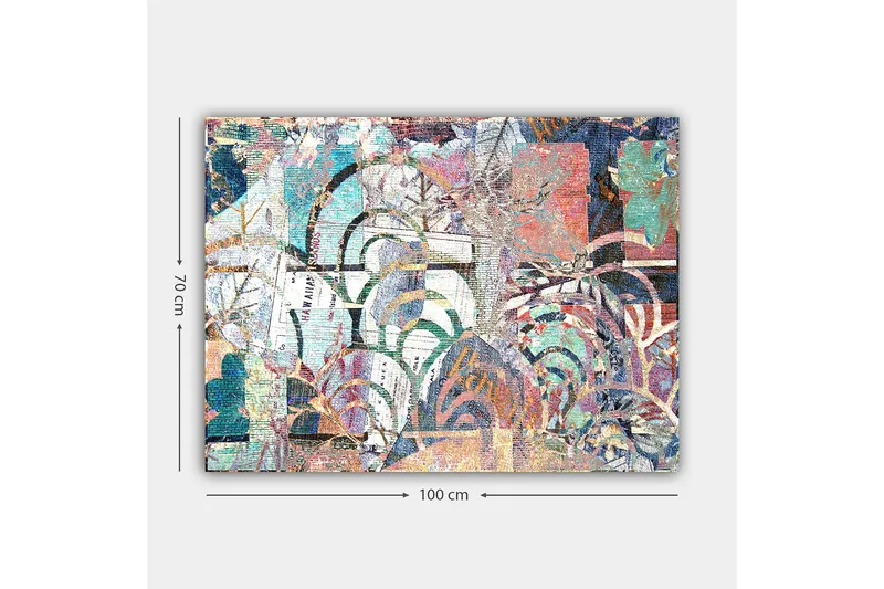 Lerretsbilde 70x100 cm - Abstrakt komposisjon med plantemotiver og teksturer som skaper en følelse av dybde og bevegelse - Turkis / Rød / Grønn - Innredning - Bilder & kunst - Lerretsbilder