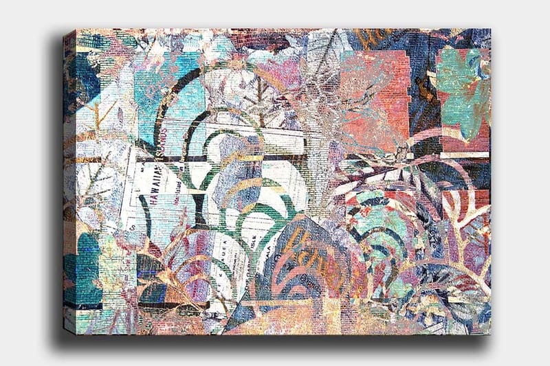 Lerretsbilde 70x100 cm - Abstrakt komposisjon med plantemotiver og teksturer som skaper en følelse av dybde og bevegelse, Turkis / Rød / Grønn