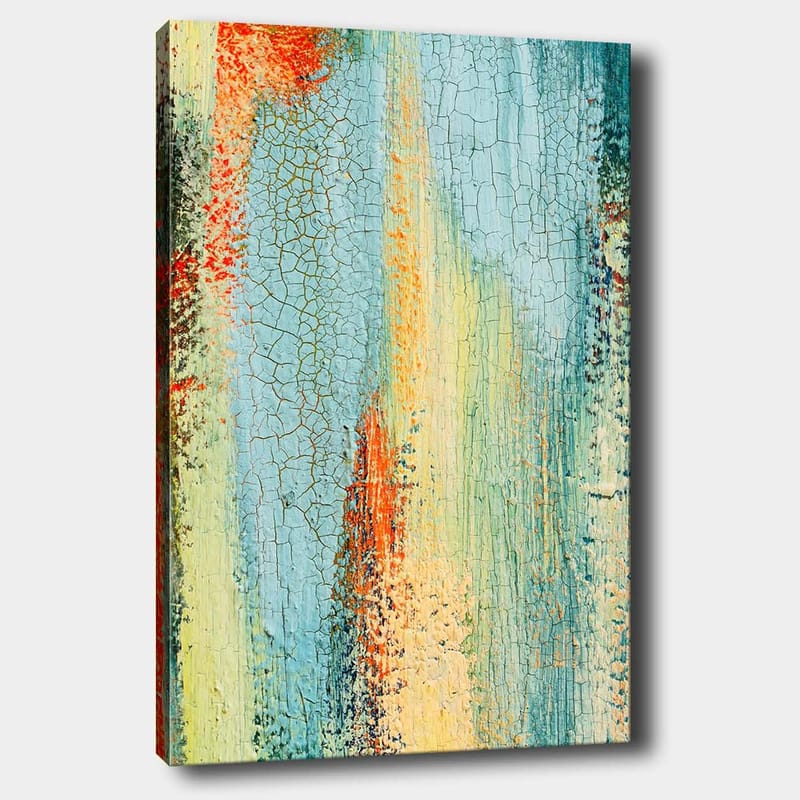 Lerretsbilde 70x100 cm - Abstrakt kunst med elementer av blå og oransje nyanser som skaper en dynamisk tekstur - Blå / Oransje / Grønn - Innredning - Bilder & kunst - Lerretsbilder