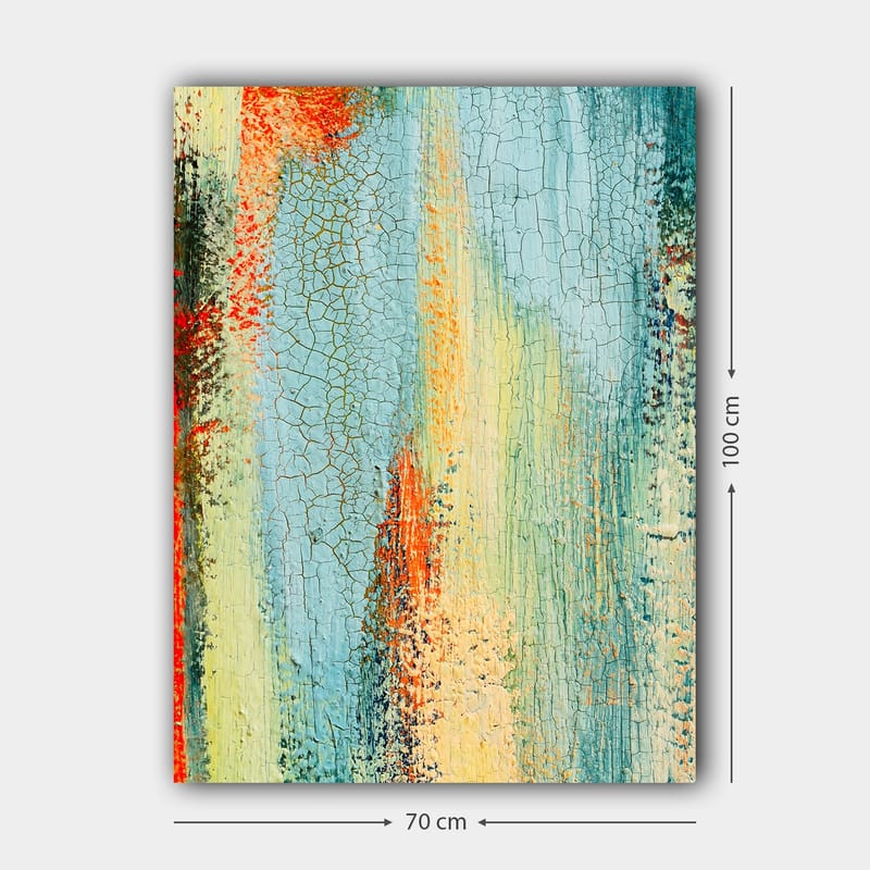 Lerretsbilde 70x100 cm - Abstrakt kunst med elementer av blå og oransje nyanser som skaper en dynamisk tekstur - Blå / Oransje / Grønn - Innredning - Bilder & kunst - Lerretsbilder