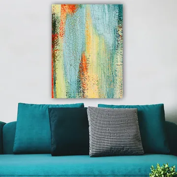 Lerretsbilde 70x100 cm - Abstrakt kunst med elementer av blå og oransje nyanser som skaper en dynamisk tekstur - Blå / Oransje / Grønn - Innredning - Bilder & kunst - Lerretsbilder
