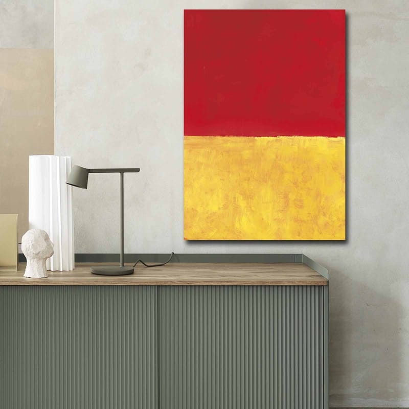 Lerretsbilde 70x100 cm - Abstrakt kunst med en rød øvre del og en gyllen nedre del - Rød / Gull - Innredning - Bilder & kunst - Lerretsbilder