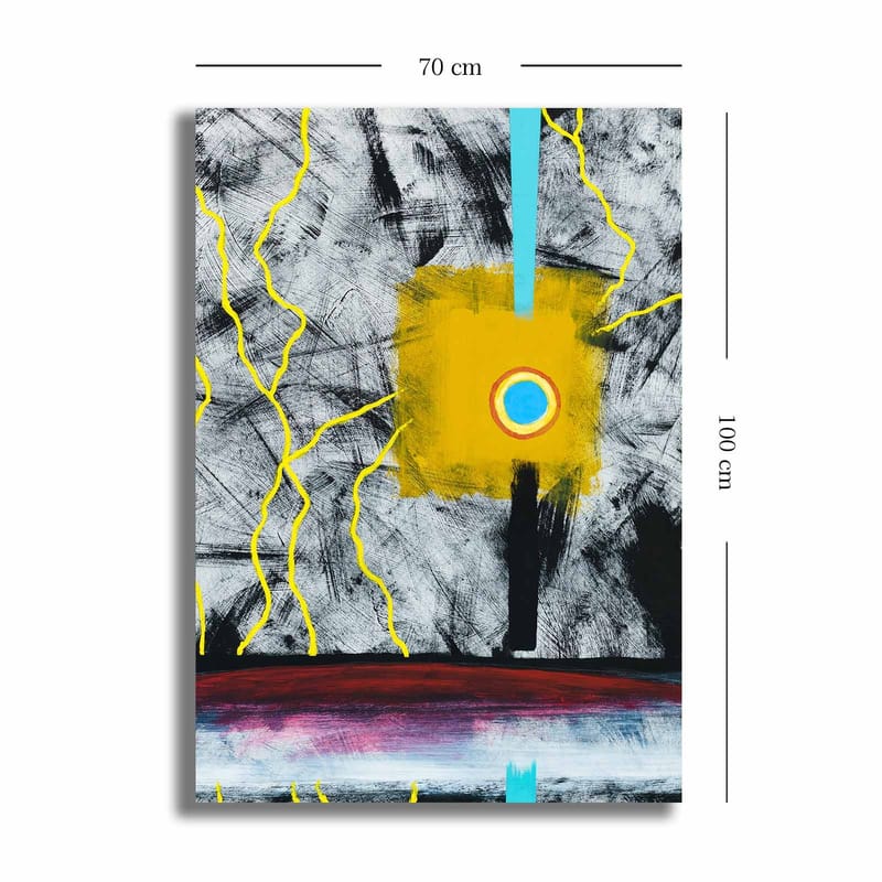 Lerretsbilde 70x100 cm - Abstrakt kunst med en sentral gul firkant og en blå sirkel, omgitt av svarte og hvite linjer - Gul / Svart / Blå - Innredning - Bilder & kunst - Lerretsbilder