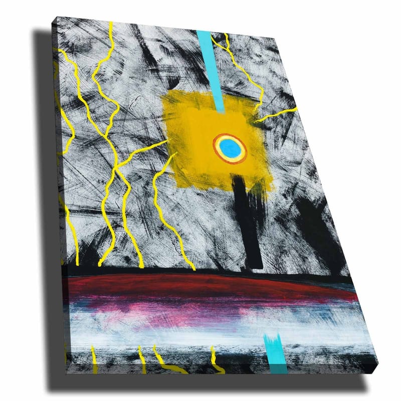 Lerretsbilde 70x100 cm - Abstrakt kunst med en sentral gul firkant og en blå sirkel, omgitt av svarte og hvite linjer - Gul / Svart / Blå - Innredning - Bilder & kunst - Lerretsbilder