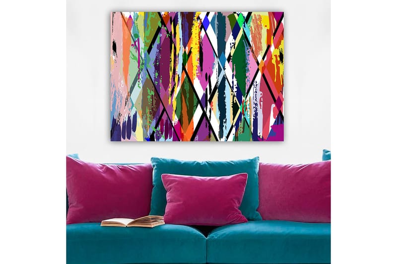 Lerretsbilde 70x100 cm - Abstrakt kunst med fargerike geometriske mønstre, Lilla / Grønn / Oransje