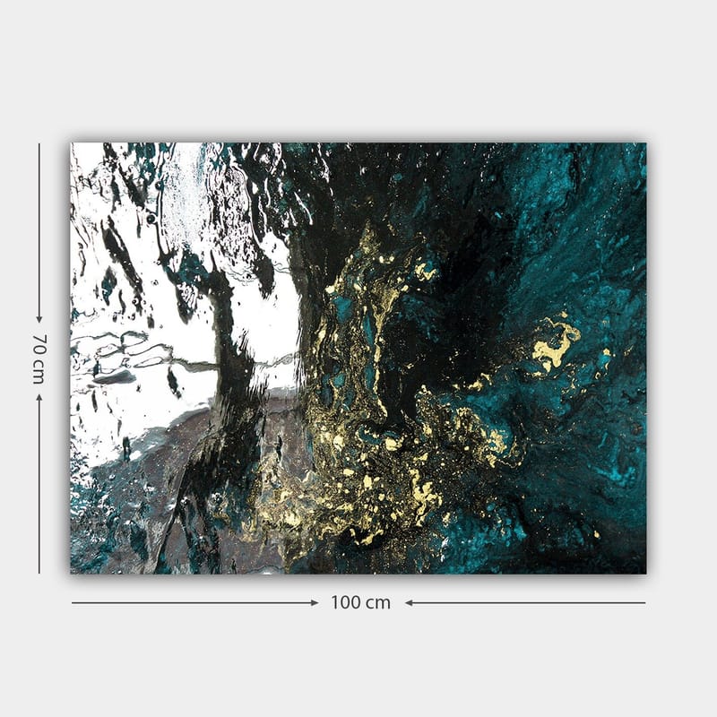 Lerretsbilde 70x100 cm - Abstrakt kunst med flytende former i dype blå og gylne nyanser - Mørk blå / Gull / Svart - Innredning - Bilder & kunst - Lerretsbilder