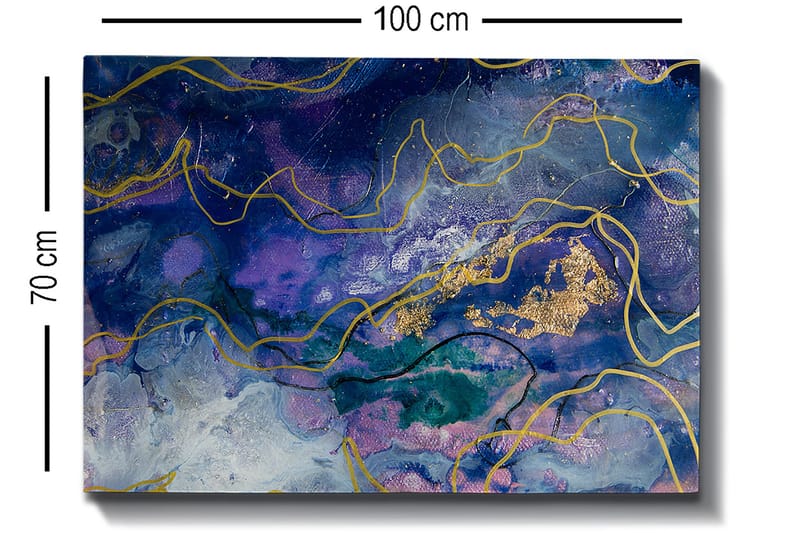 Lerretsbilde 70x100 cm - Abstrakt kunst med flytende former i dype blå og lilla nyanser - Mørk blå / Lilla / Gull - Innredning - Bilder & kunst - Lerretsbilder