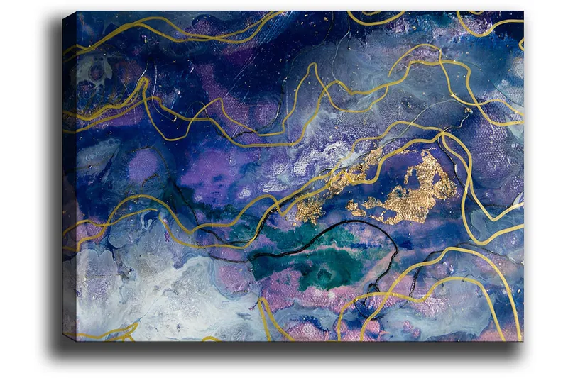 Lerretsbilde 70x100 cm - Abstrakt kunst med flytende former i dype blå og lilla nyanser - Mørk blå / Lilla / Gull - Innredning - Bilder & kunst - Lerretsbilder