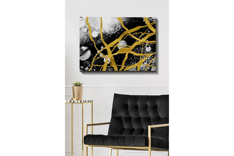 Lerretsbilde 70x100 cm - Abstrakt kunst med gulltråder som skaper dynamiske linjer mot en svart-hvitt bakgrunn, Gull / Svart / Hvit