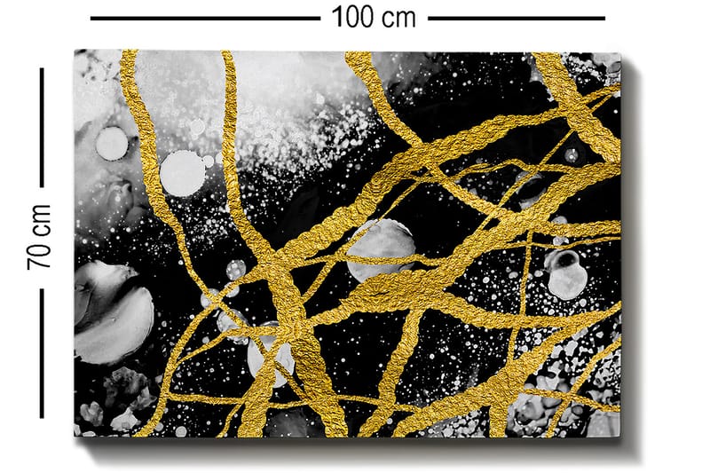 Lerretsbilde 70x100 cm - Abstrakt kunst med gulltråder som skaper dynamiske linjer mot en svart-hvitt bakgrunn - Gull / Svart / Hvit - Innredning - Bilder & kunst - Lerretsbilder